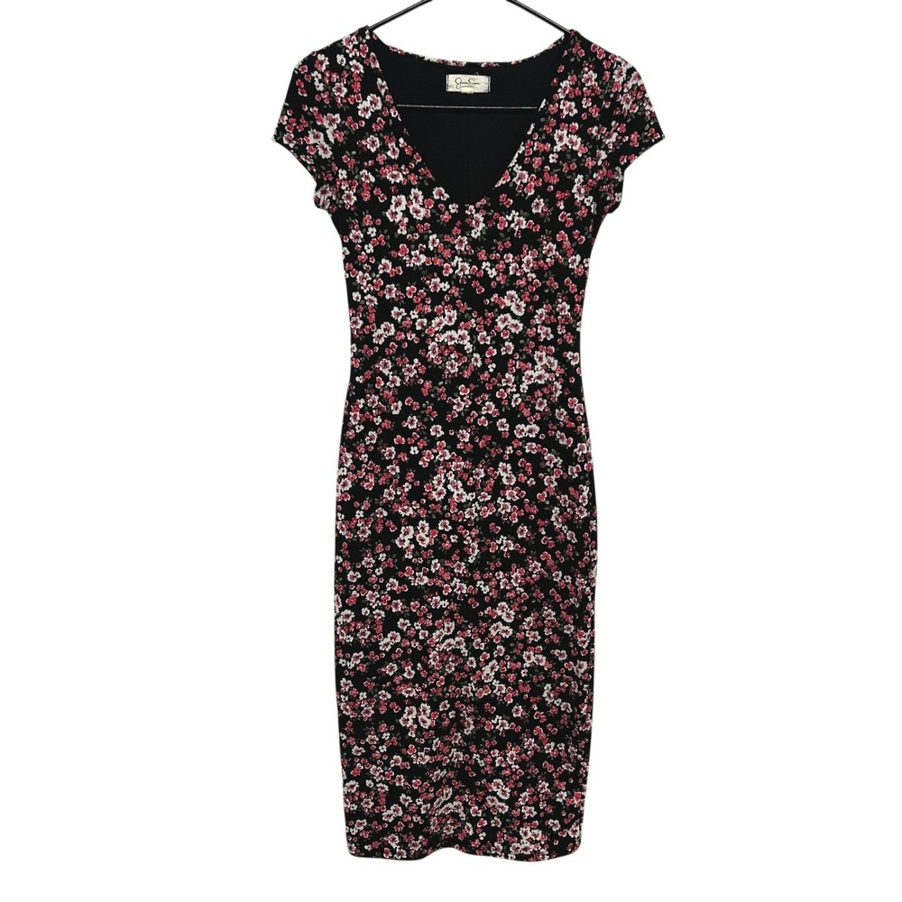 Black Floral Ribbed Knit Dress M Stretch Bodycon Romantic Coquette Date Night